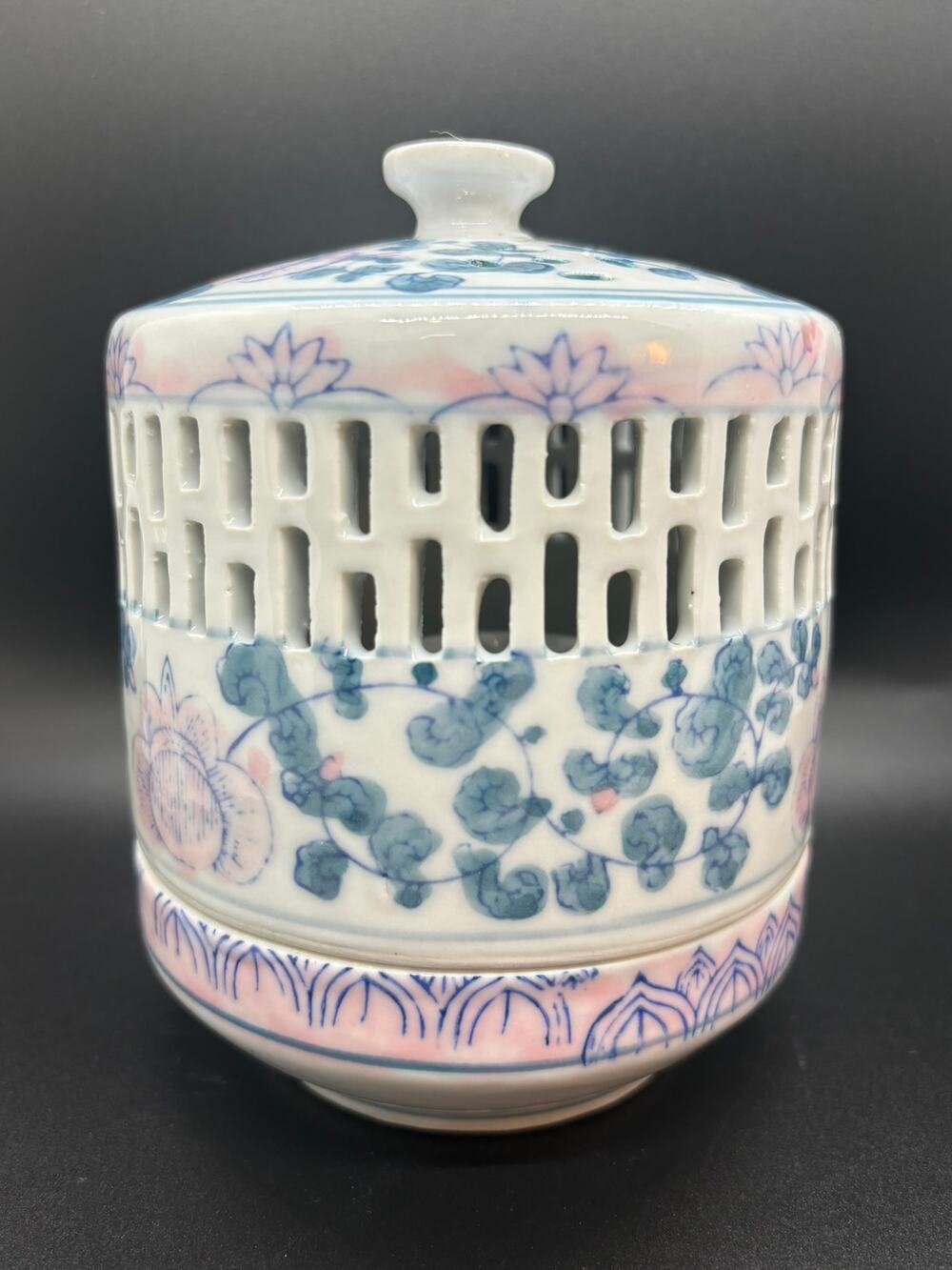 Vintage Chinese Porcelain Butterfly Floral Reticulated Candle Lantern